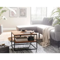 Rootz sofabord 60x60x41 cm massivt træ metal sofabord stuebord akacie - Industrielt værelsesbord med opbevaringsplads - Firkantet træbord, massivt sof | Fyndiq