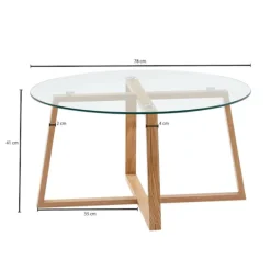 Rootz sofabord 78x78x41 cm massivt egetræ sofabord - rundt glas - Design stuebord moderne - Træbord, værelsesbord, stort - Sofabord bord stue ægte træ | Fyndiq