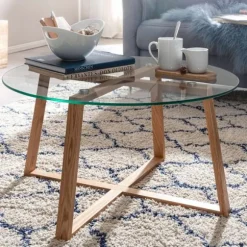 Rootz sofabord 78x78x41 cm massivt egetræ sofabord - rundt glas - Design stuebord moderne - Træbord, værelsesbord, stort - Sofabord bord stue ægte træ | Fyndiq