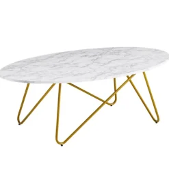 Rootz sofabord 120x40x60 cm med hvid marmorlook - Stuebord med metalstel - Sofabord ovalt bord stue - Loungebord