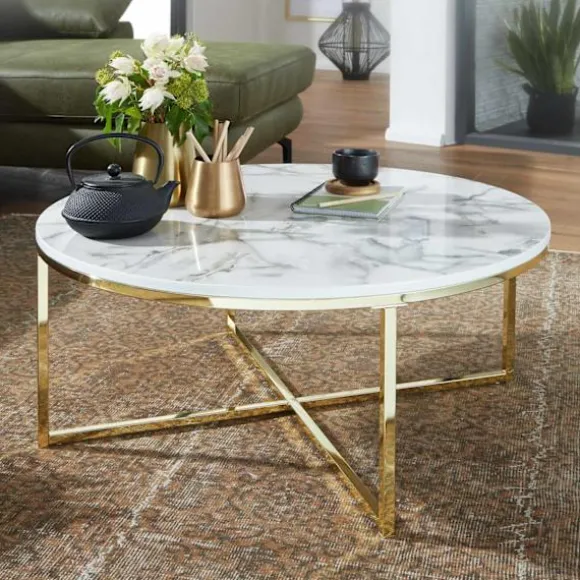 Rootz sofabord 80x36x80 cm med hvid marmorlook - Stuebord med metalstel - Sofabord rundt bord stue - Sidebord