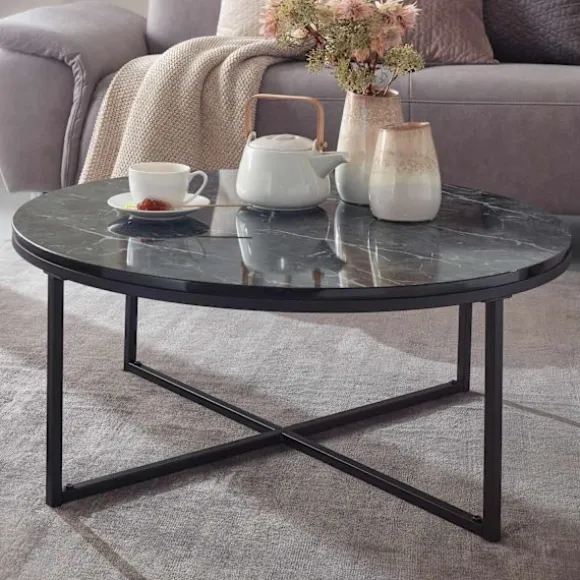 Rootz sofabord 80x36x80 cm med sort marmorlook - Stuebord med metalstel - Sofabord rundt bord stue - Sidebord