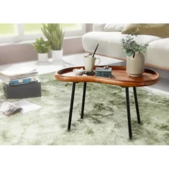 Rootz sofabord 71x42x40 cm Sheesham massivt sofabord nyreform med metalben - Stuebord massivt træ - Lille nyrebord ægte træ - Stubentisch Holz - Sideb | Fyndiq