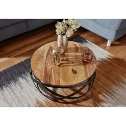 Rootz sofabord 60x30x60 cm Sheesham massivt træ - metal sofabord - Design stuebord rundt - Stuebord industribrun - Designer træbord sofabord massivt - | Fyndiq