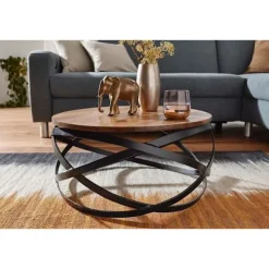 Rootz sofabord 60x30x60 cm Sheesham massivt træ - metal sofabord - Design stuebord rundt - Stuebord industribrun - Designer træbord sofabord massivt - | Fyndiq