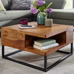 Rootz sofabord 60x60x34,5 cm Sheesham massivt træ - metal hjørne sofabord - Stuebord med opbevaringsplads - Solid sofabord - Lille bord sidebord stue | Fyndiq