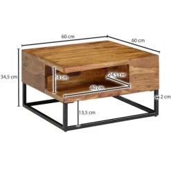 Rootz sofabord 60x60x34,5 cm Sheesham massivt træ - metal hjørne sofabord - Stuebord med opbevaringsplads - Solid sofabord - Lille bord sidebord stue | Fyndiq