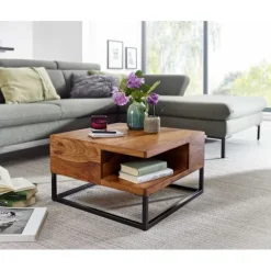 Rootz sofabord 60x60x34,5 cm Sheesham massivt træ - metal hjørne sofabord - Stuebord med opbevaringsplads - Solid sofabord - Lille bord sidebord stue | Fyndiq