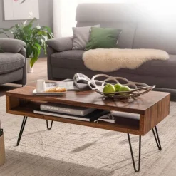 Rootz sofabord 100x40x50 cm Sheesham massivt træ - metal sofabord - Design sofabord rektangulært Massivt sofabord - Stort bord stue