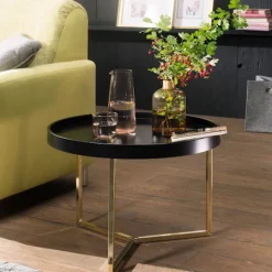 Rootz sofabord 58,5x42x58,5cm sort - guld sofabord metal rundt - Designer retro sofabord moderne - Lille loungebord med metalramme - Rundt bakkebord m | Fyndiq