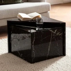 Rootz sofabordssæt med 2 - Monobloc borde - Sort højglans marmorlook - Elegant & pladsbesparende design - 50 cm x 50 cm x 41,5 cm & 46 cm x 46 cm x 36 | Fyndiq
