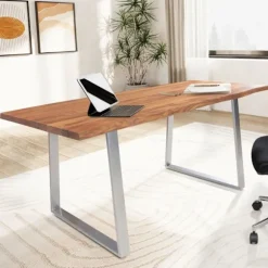Rootz solidt kontorbord - Moderne skrivebord - Expression Kanter - Naturligt trækorn - Trapezformede metalben - 120 cm x 60 cm x 76 cm