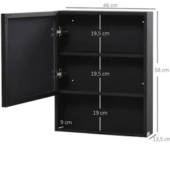 Rootz spejlskab - 2 indvendige hylder - Åben hylde - Stålhus - Sort - 46 x 13,5 x 58 cm