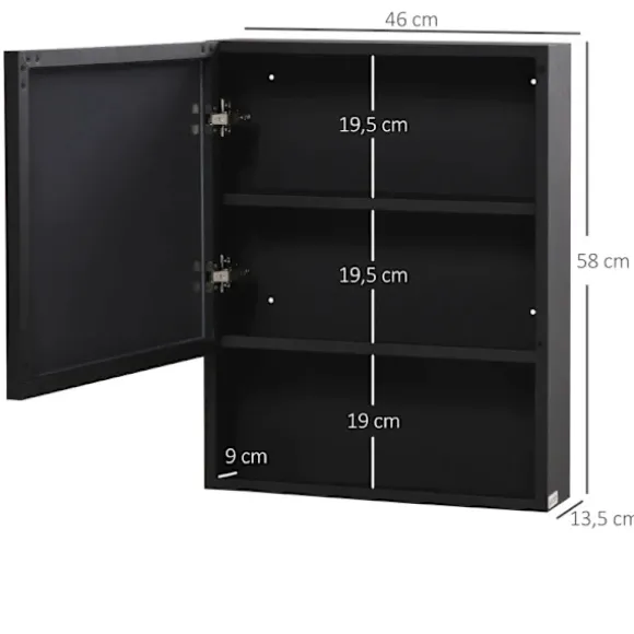 Rootz spejlskab - 2 indvendige hylder - Åben hylde - Stålhus - Sort - 46 x 13,5 x 58 cm
