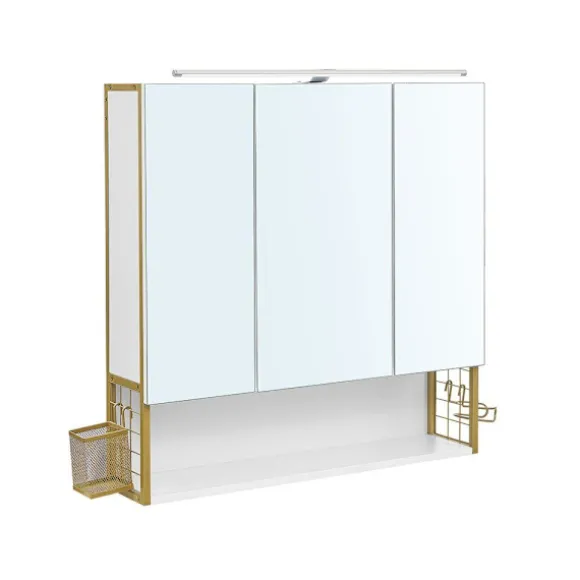 Rootz Spejlskab - Badeværelsesskab - Vægspejlskab - Spejlskab Med Belysning - Badeværelses Opbevaringsskab - Spånplade/Stål/Glas - Hvid-Guld - 70 x 14 | Fyndiq