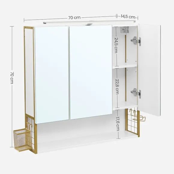 Rootz Spejlskab - Badeværelsesskab - Vægspejlskab - Spejlskab Med Belysning - Badeværelses Opbevaringsskab - Spånplade/Stål/Glas - Hvid-Guld - 70 x 14 | Fyndiq