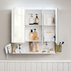 Rootz Spejlskab - Badeværelsesskab - Vægspejlskab - Spejlskab Med Belysning - Badeværelses Opbevaringsskab - Spånplade/Stål/Glas - Hvid-Guld - 70 x 14 | Fyndiq