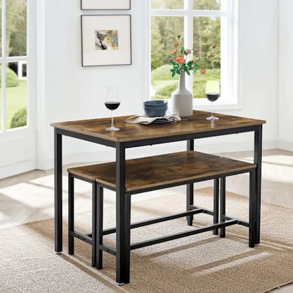 Rootz Spisebord - Køkkenbordssæt med 2 bænke hver (97 x 30 x 50) cm - Metalstel - Industrielt design (110 x 70 x 75 cm)