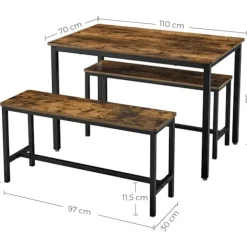 Rootz Spisebord - Køkkenbordssæt med 2 bænke hver (97 x 30 x 50) cm - Metalstel - Industrielt design (110 x 70 x 75 cm)