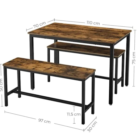 Rootz Spisebord - Køkkenbordssæt med 2 bænke hver (97 x 30 x 50) cm - Metalstel - Industrielt design (110 x 70 x 75 cm)