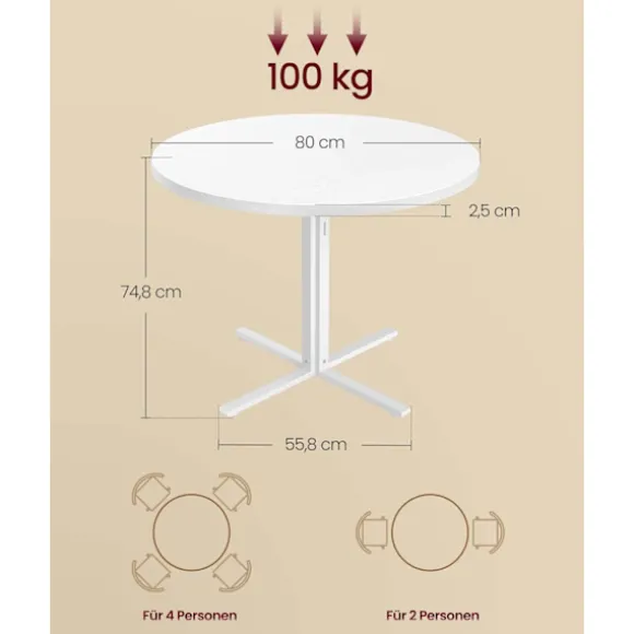 Rootz spisebord - køkkenbord - hvidt bord - Robust design - 80 cm D x 74,8 cm h