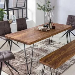 Rootz spisebord massivt træ Sheesham 120cm spisebord træbord Metal ben køkkenbord Landhaus mørkebrun