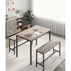 Rootz spisebord sæt med 2 bænke - køkkenbord - spisestue - holdbart spånplade og stål - 70 cm x 110 cm x 75 cm -brown -sort
