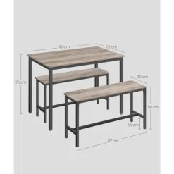 Rootz spisebord sæt med 2 bænke - køkkenbord - spisestue - holdbart spånplade og stål - 70 cm x 110 cm x 75 cm -brown -sort