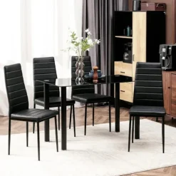 Rootz Spisegruppe - Spisebord med 4 stole - Moderne Design - Glasbord - Kunstlæder - Sort - 120cm x 60cm x 97cm