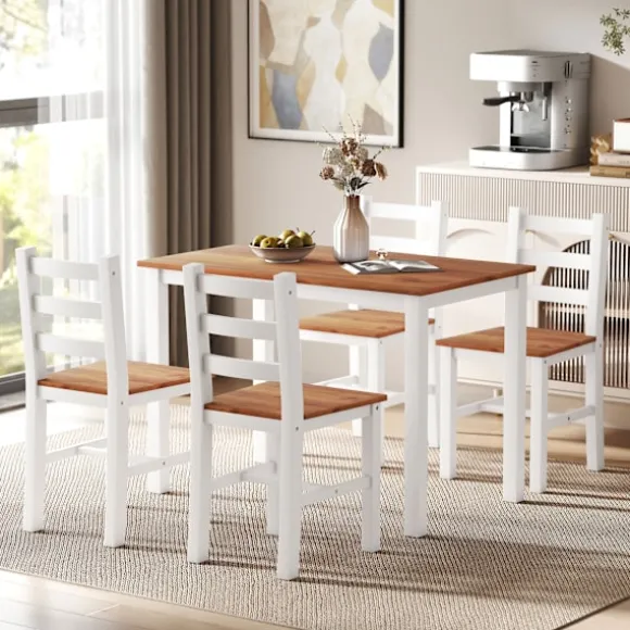 Rootz Spisegruppe Sæt - Spisebord - 4 Stole - Pladsbesparende - Fyrretræ - Brun+Hvid - Bord 108cm x 77cm; Stol 42cm x 46cm x 86cm
