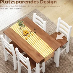 Rootz Spisegruppe Sæt - Spisebord - 4 Stole - Pladsbesparende - Fyrretræ - Brun+Hvid - Bord 108cm x 77cm; Stol 42cm x 46cm x 86cm