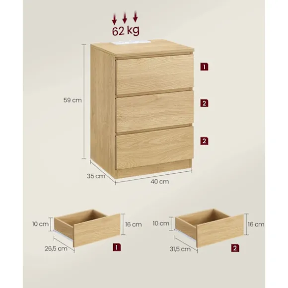 Rootz spånplade sengebord - Natbord - Endebord - Ibenholtssort - Letvægts - Robust - Nem montering - 35 cm x 40 cm x 59 cm