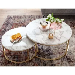 Rootz Sæt med 2 hvidguld Marmorlook Sofabord Rundt Moderne - Sofaborde 2-delt metal - Runde stueborde - Design indskudsborde