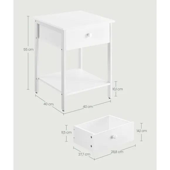Rootz sæt med 2 mathvide sengeborde - natborde - spånplader og stålkonstruktion - 40 cm x 40 cm x 55 cm - 20 kg overfladekapacitet - 10 kg skuffekapac | Fyndiq