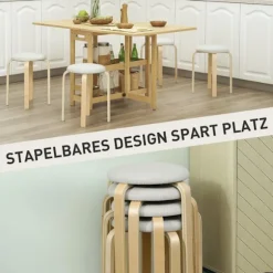 Rootz 4-sæt polstret skammel - Stabelbare taburetter - Pladsbesparende siddepladser - Birkeben - Hvid - Ø40 x 45H cm