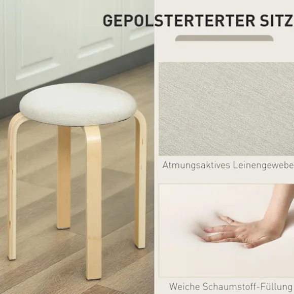 Rootz 4-sæt polstret skammel - Stabelbare taburetter - Pladsbesparende siddepladser - Birkeben - Hvid - Ø40 x 45H cm