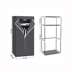 Rootz Stofskab - Foldegarderobe - Garderobeskab - Stofgarderobe - Grå - 75 x 45 x 160 cm