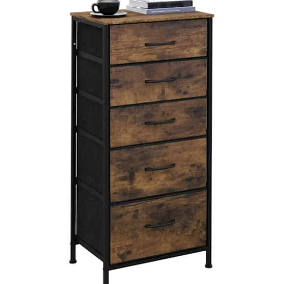 Rootz stofskuffekiste med vintage trælook - Kommode til soveværelset - Skænk med 5 skuffer - Organizer - 45,5 x 95,5 x 30 cm