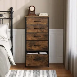 Rootz stofskuffekiste med vintage trælook - Kommode til soveværelset - Skænk med 5 skuffer - Organizer - 45,5 x 95,5 x 30 cm