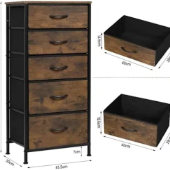 Rootz stofskuffekiste med vintage trælook - Kommode til soveværelset - Skænk med 5 skuffer - Organizer - 45,5 x 95,5 x 30 cm