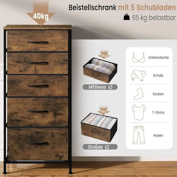 Rootz stofskuffekiste med vintage trælook - Kommode til soveværelset - Skænk med 5 skuffer - Organizer - 45,5 x 95,5 x 30 cm