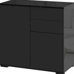 Rootz Ståskab - Skænk Kommode - Moderne Stil - 2 Skuffer - 2 Skabe - Spånplade - Sort - 79W x 36D x 74H cm