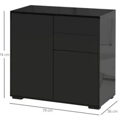 Rootz Ståskab - Skænk Kommode - Moderne Stil - 2 Skuffer - 2 Skabe - Spånplade - Sort - 79W x 36D x 74H cm