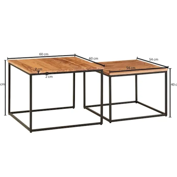 Rootz stuebord sæt af 2 akacie massivt træ - metal sidebord kantet - Design sofabord med metal ben Sofabord - 2-delt dækkeserviet indskudsbord