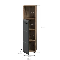 Rootz Tall Standing Cabinet - Fritstående opbevaring - smal arrangør - sort og brun - 2 justerbare hylder - 30x110x30cm