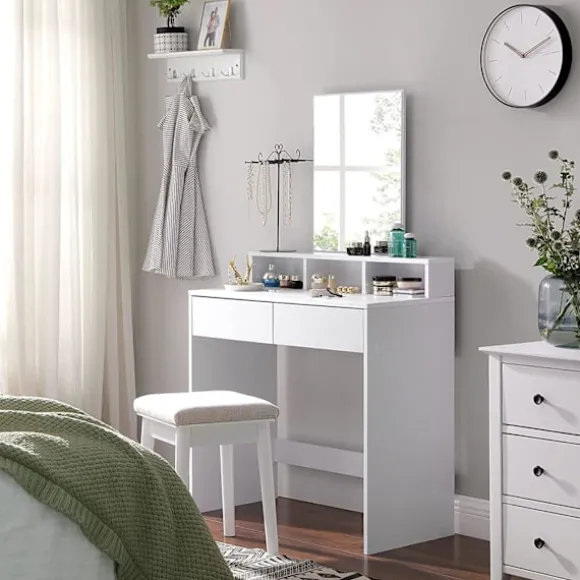 Rootz Toiletbord - Comestica Bord - Make-up bord - 2 skuffer - Spejl - Åbne rum - Forarbejdet træ - Hvid - 80 x 40 x 140 cm