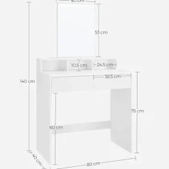 Rootz Toiletbord - Comestica Bord - Make-up bord - 2 skuffer - Spejl - Åbne rum - Forarbejdet træ - Hvid - 80 x 40 x 140 cm