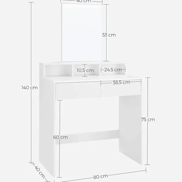 Rootz Toiletbord - Comestica Bord - Make-up bord - 2 skuffer - Spejl - Åbne rum - Forarbejdet træ - Hvid - 80 x 40 x 140 cm