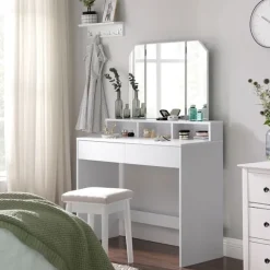 Rootz Toiletbord - Foldespejl og 2 skuffer - Makeup Skrivebord Med hylder - Soveværelse Organizer - Vaskebord - Stilfuldt vaskebord - Spånplade - Hvid | Fyndiq