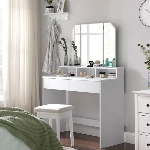 Rootz Toiletbord - Foldespejl og 2 skuffer - Makeup Skrivebord Med hylder - Soveværelse Organizer - Vaskebord - Stilfuldt vaskebord - Spånplade - Hvid | Fyndiq